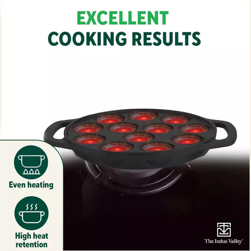 The Indus Valley 12 Pit/Cup CASTrong Cast Iron Kuzhi Paniyaram/Paddu Pan/Appe Maker, Pre-seasoned, 100% Pure, Toxin-free, Spatula, 21 cm, 2.2 kg | Grocsy