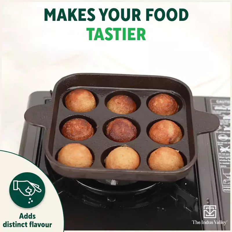 The Indus Valley 9 Pit/Cup CASTrong Cast Iron Paniyaram/Appe Pan+ Spatula, Pre-seasoned, Natural Nonstick, 100% Pure, Toxin-free, 18.2 cm, 1.34 kg | Grocsy