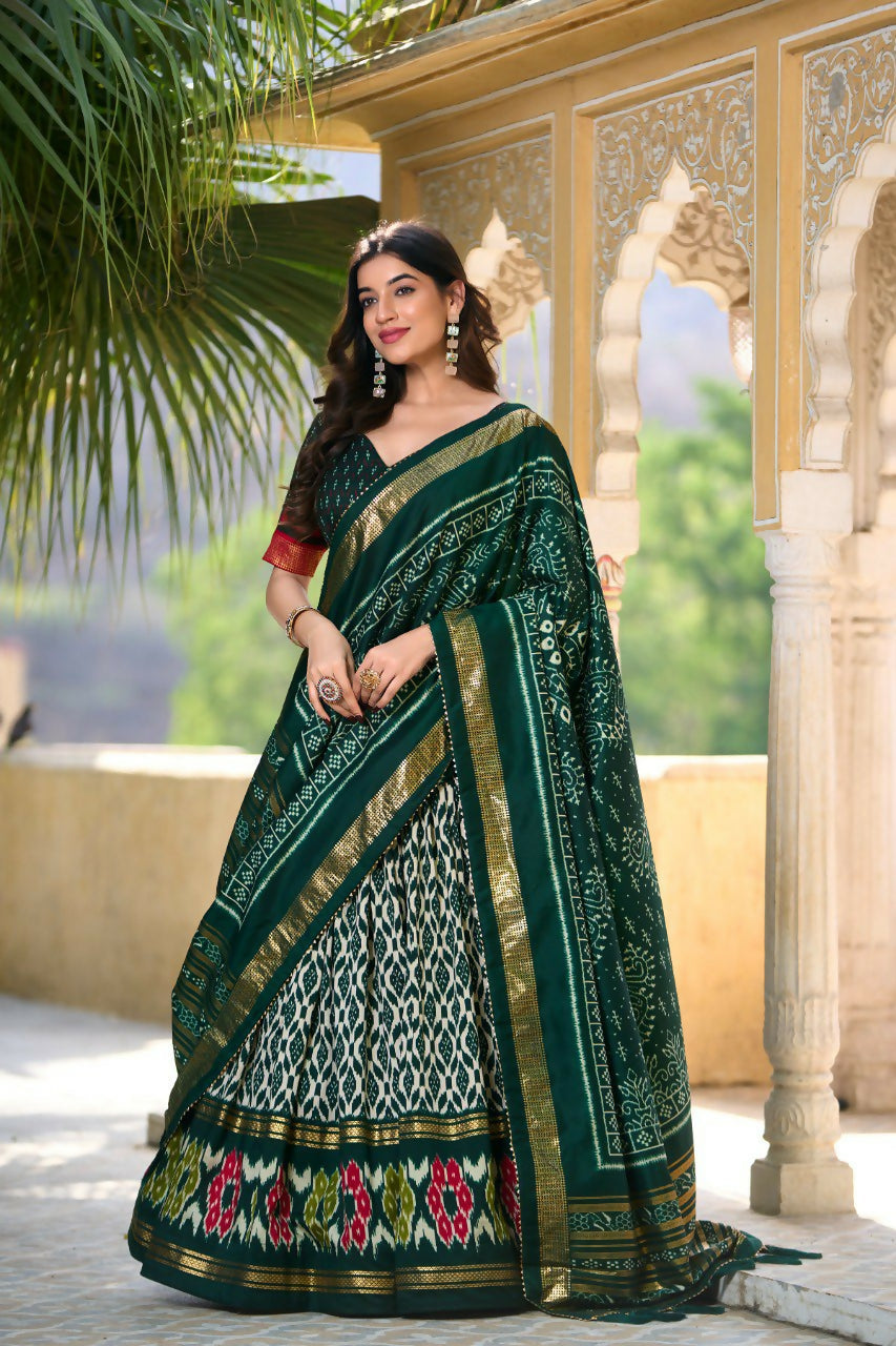 Vastranavya Designer Ikkat Print With Foil Work Lehenga Choli - Green | Grocsy