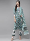 Yufta Green Hand Block Printed Kurta with Trouser and Dupatta | Grocsy
