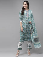 Yufta Green Hand Block Printed Kurta with Trouser and Dupatta | Grocsy