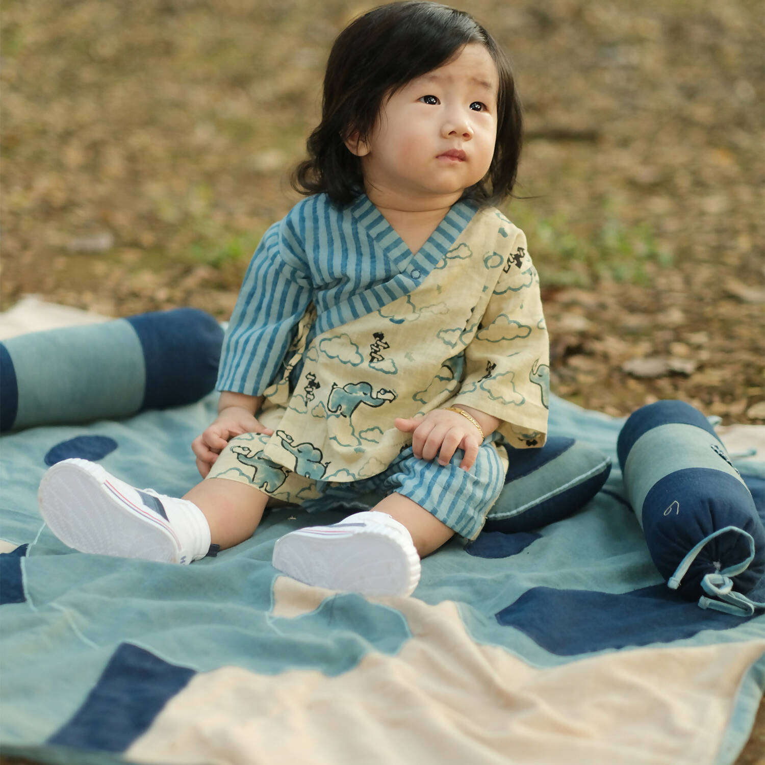 Mhyssa Blue And Beige V Neck Kimono Style Short Sleeve Printed T-shirt With Matching Shorts Set | Grocsy