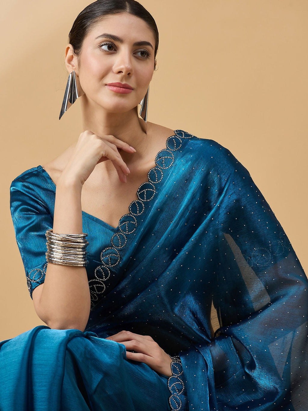 Teal Organza Swaroski Diamond Work Saree with Unstitched Blouse - Radha | Grocsy