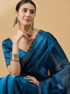 Teal Organza Swaroski Diamond Work Saree with Unstitched Blouse - Radha | Grocsy