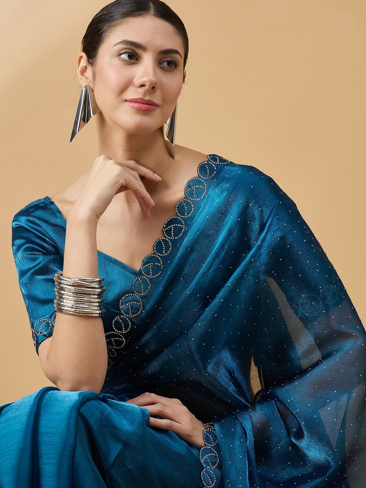 Teal Organza Swaroski Diamond Work Saree with Unstitched Blouse - Radha | Grocsy