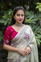 Green Pure Linen Ethnic Motifs Saree with Unstitched Blouse - A2M | Grocsy