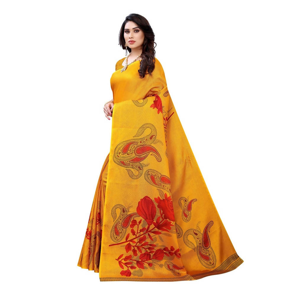 Vamika Printed Jute Silk Yellow Saree (Leo Yellow) | Grocsy