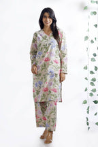 Breathables Women’S Loungewear Long Kurta Co-Ord Set Cotton Cream Floral Print | Grocsy