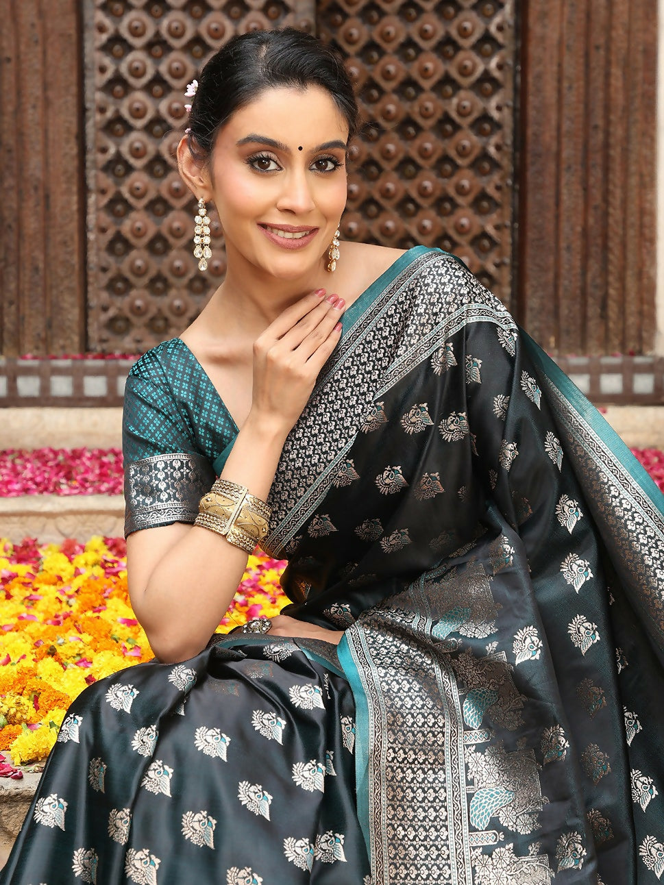 Shree Shyam Fashion Teal Silk Saree | Grocsy