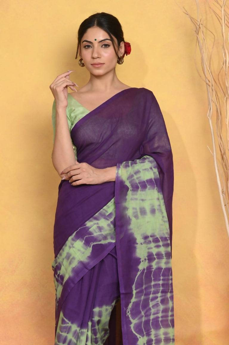 Very Much Indian Tie & Dye Handloom Mul Cotton Saree - Blue Green | Grocsy