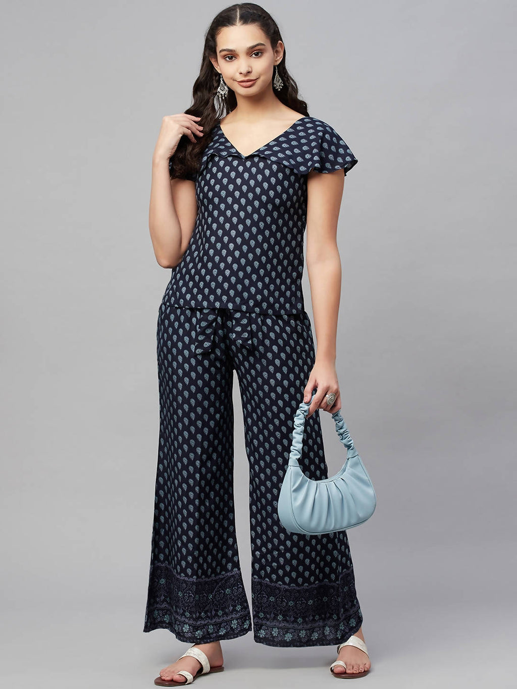 Myshka Women Blue Printed Top Palazzo Set | Grocsy