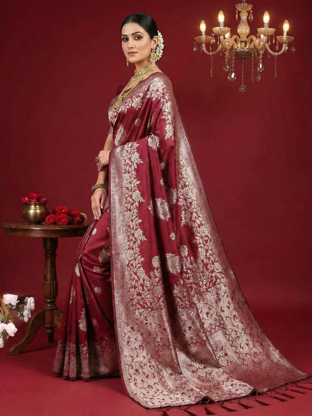 Shree Shyam Fashion Maroon Silk Blend Saree | Grocsy