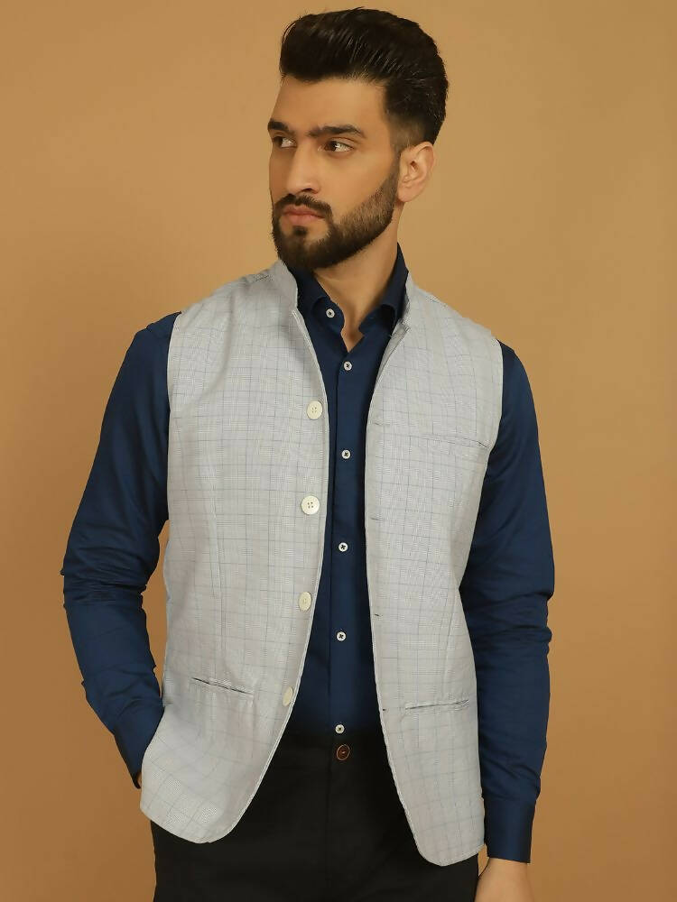 Even Apparels Nehru Jacket With Welt Pockets - Blue | Grocsy