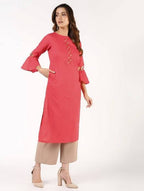 Aniyah Cotton Criss Cross Bell Sleeves Peach Straight Kurta (AN-142K) | Grocsy