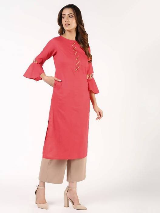 Aniyah Cotton Criss Cross Bell Sleeves Peach Straight Kurta (AN-142K) | Grocsy