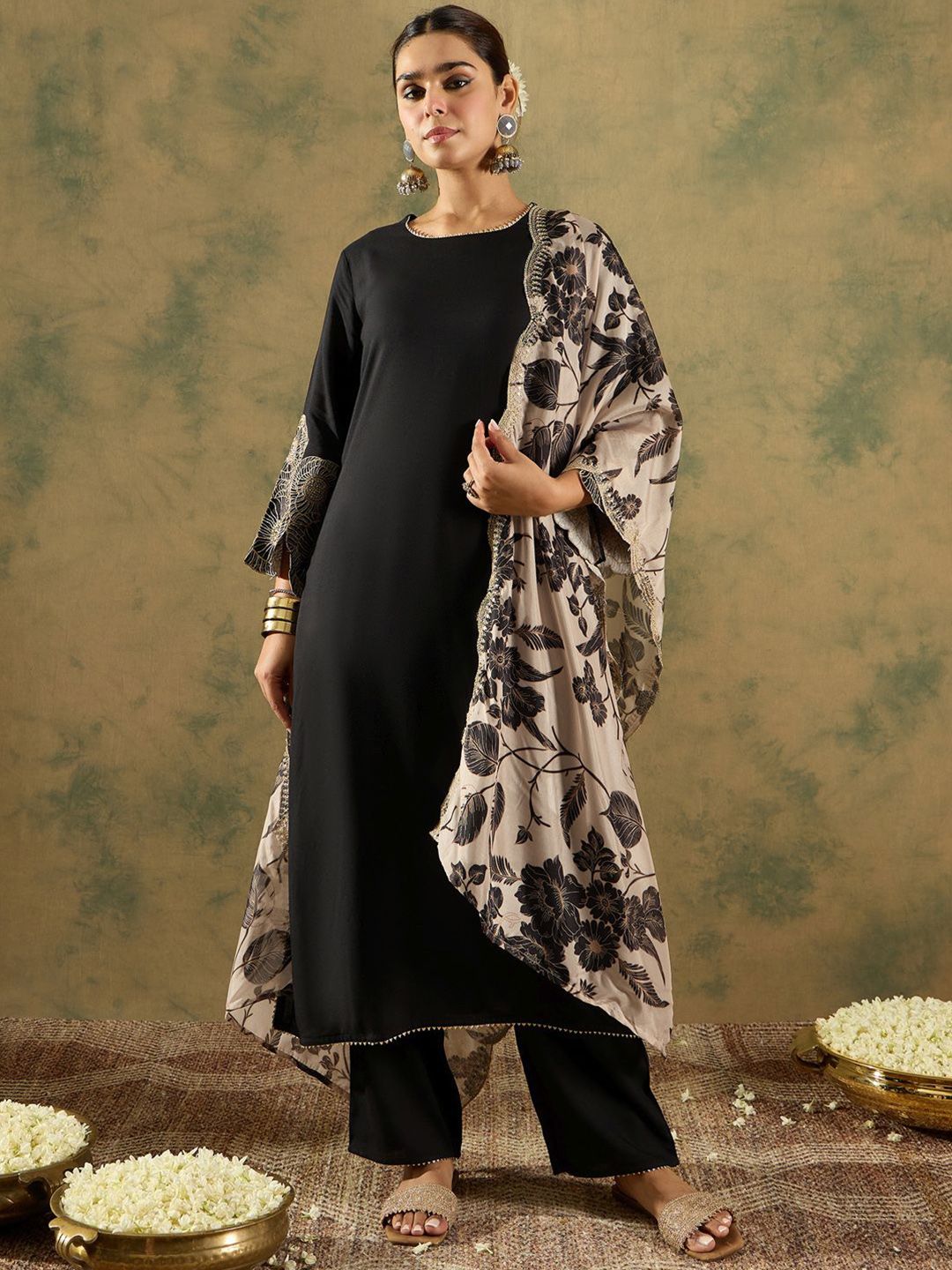 Indo Era Round Neck Straight Kurta With Trousers & Dupatta | Grocsy