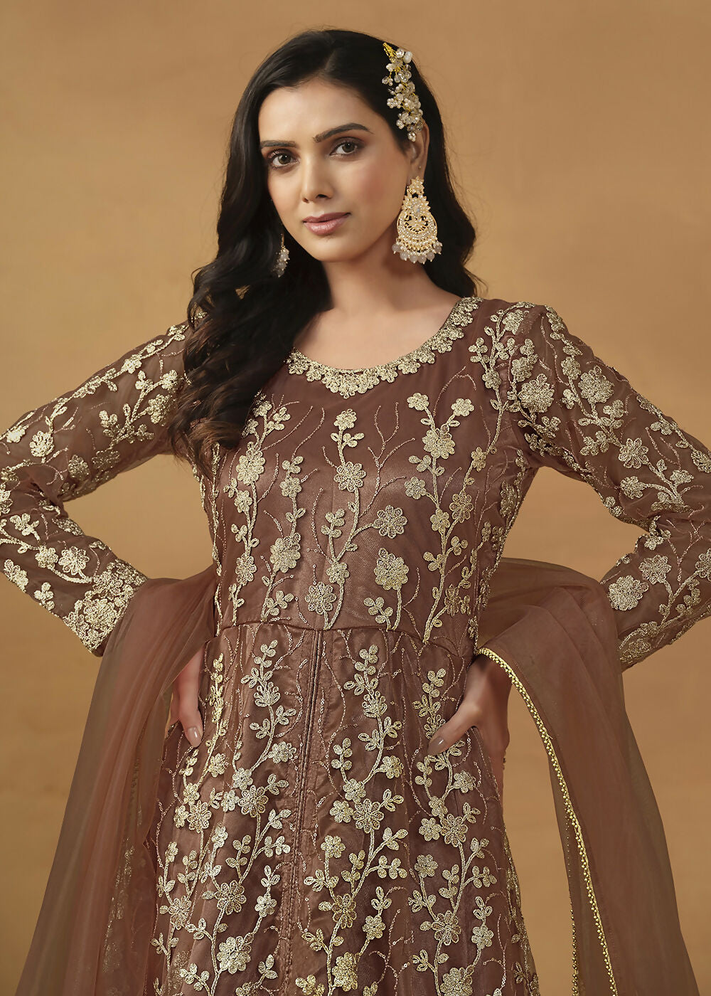Pant Style Snuff Brown Embroidered Net Wedding Anarkali Suit - Emponline | Grocsy
