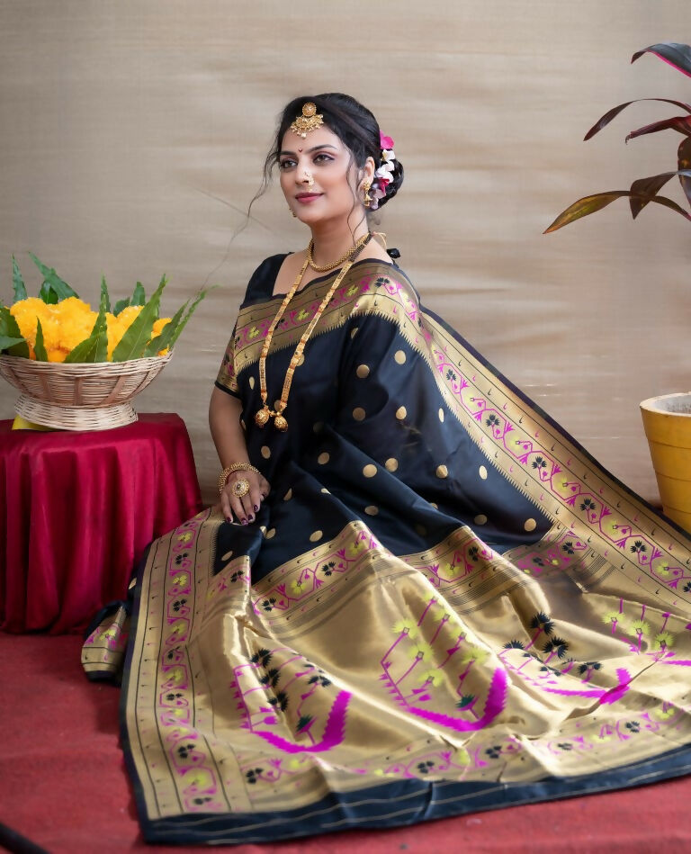 Jyoti Fashion Women's Black Paithani Silk Zari Woven Saree with Blouse | Grocsy