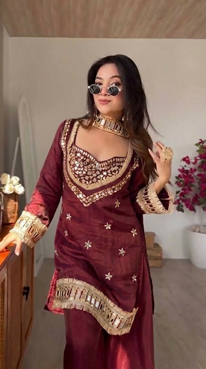 Teeya Creation New Trendy Stylish Real Mirror Work With Lace Border Maroon Kurta Set | Grocsy