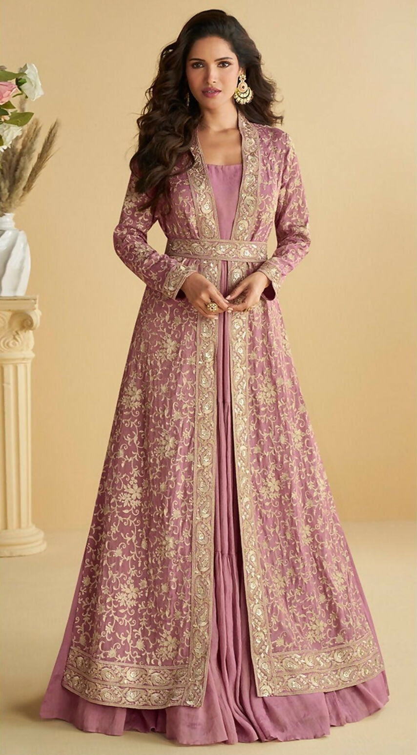 Anaita Purple Chinon Silk Readymade Anarkali Shrug Gown with Belt & Embroidery Work | Grocsy