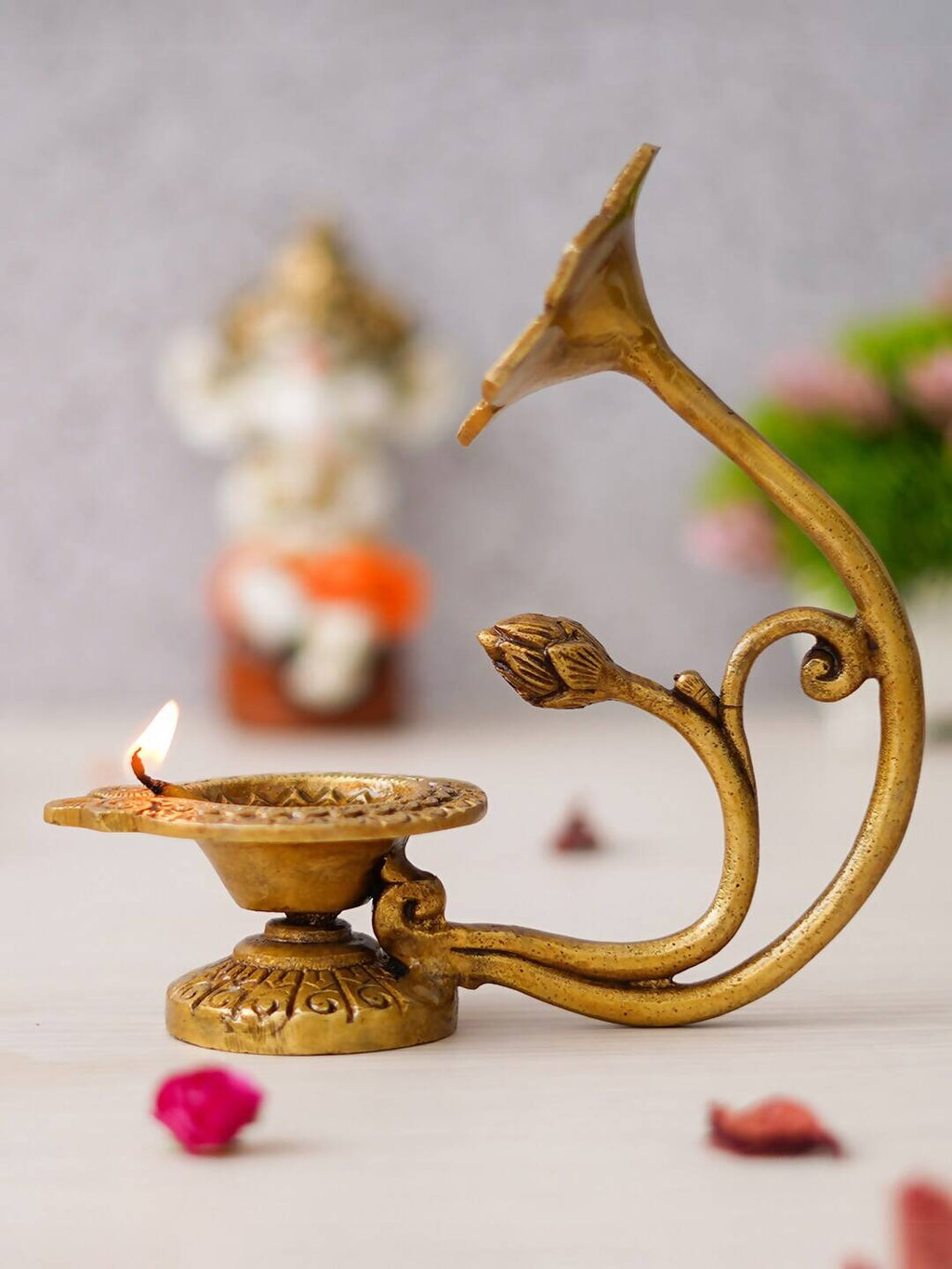 eCraftIndia Gold Toned Flower Shaped Brass Diya With Floral Handle | Grocsy