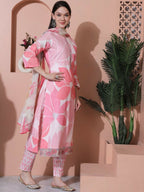 Jyoti Fashion Women's Pink Cotton Floral Digital Print & Floral Embroidered Cutwork Border Sequins Work Kurta with Trouser & Dupatta | Grocsy