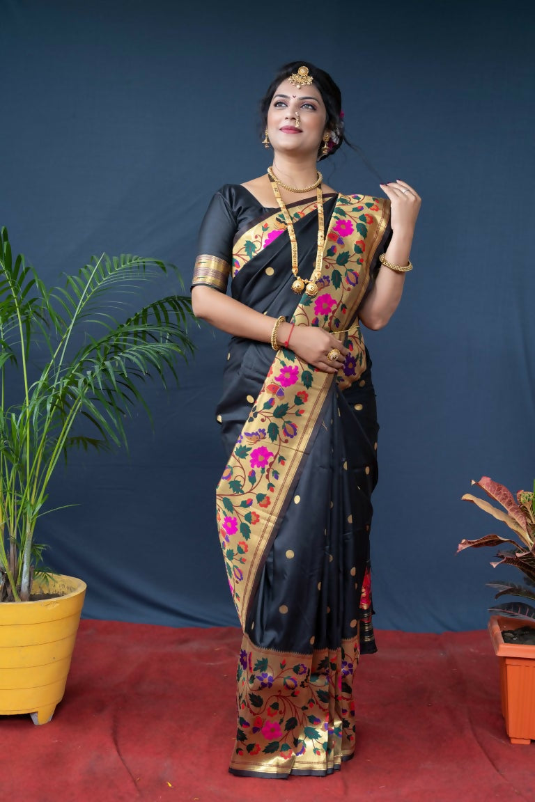 Jyoti Fashion Women's Black Paithani Silk Zari Woven Saree with Blouse | Grocsy