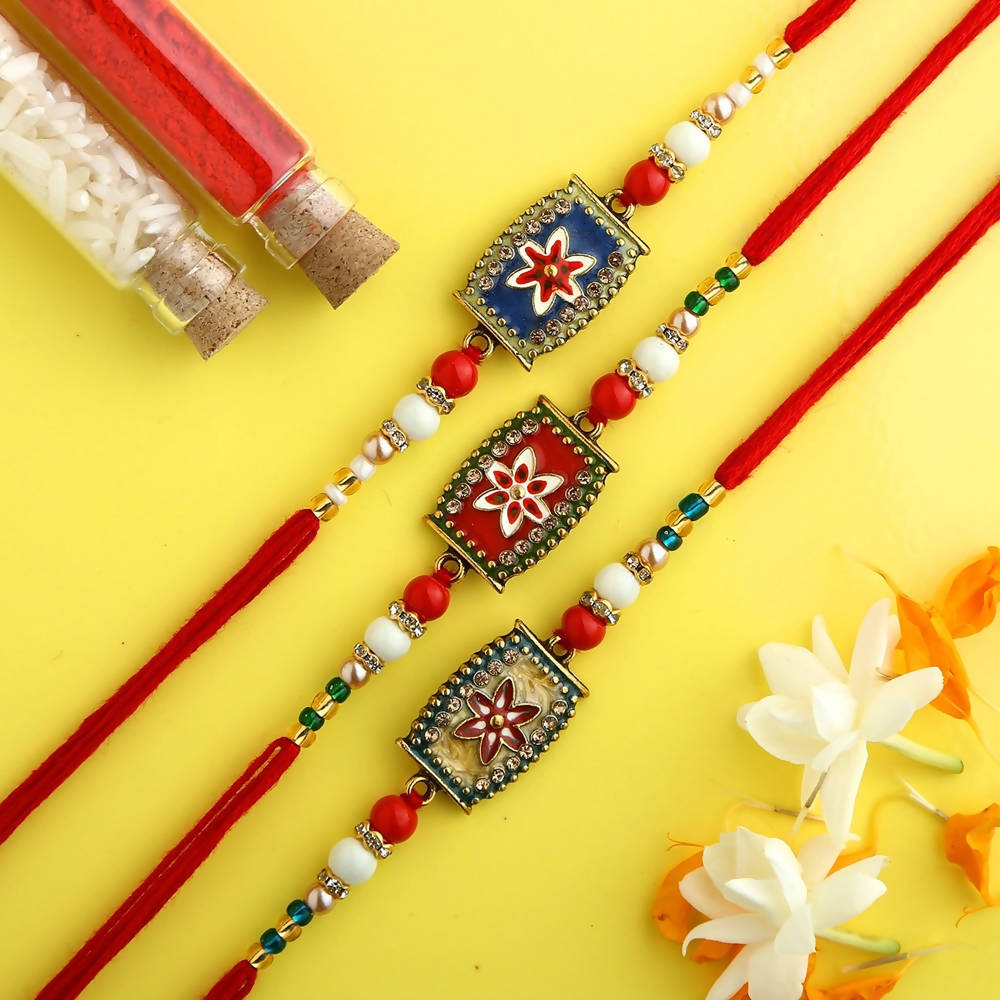 Set of 3 Meenakari Rakhi With Dry Fruits & Gulab Jamun | Grocsy