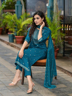 Juniper Women's Blue Ethnic Motif Printed Muslin Kurta Set With Zari Work & Gota Patti | Grocsy