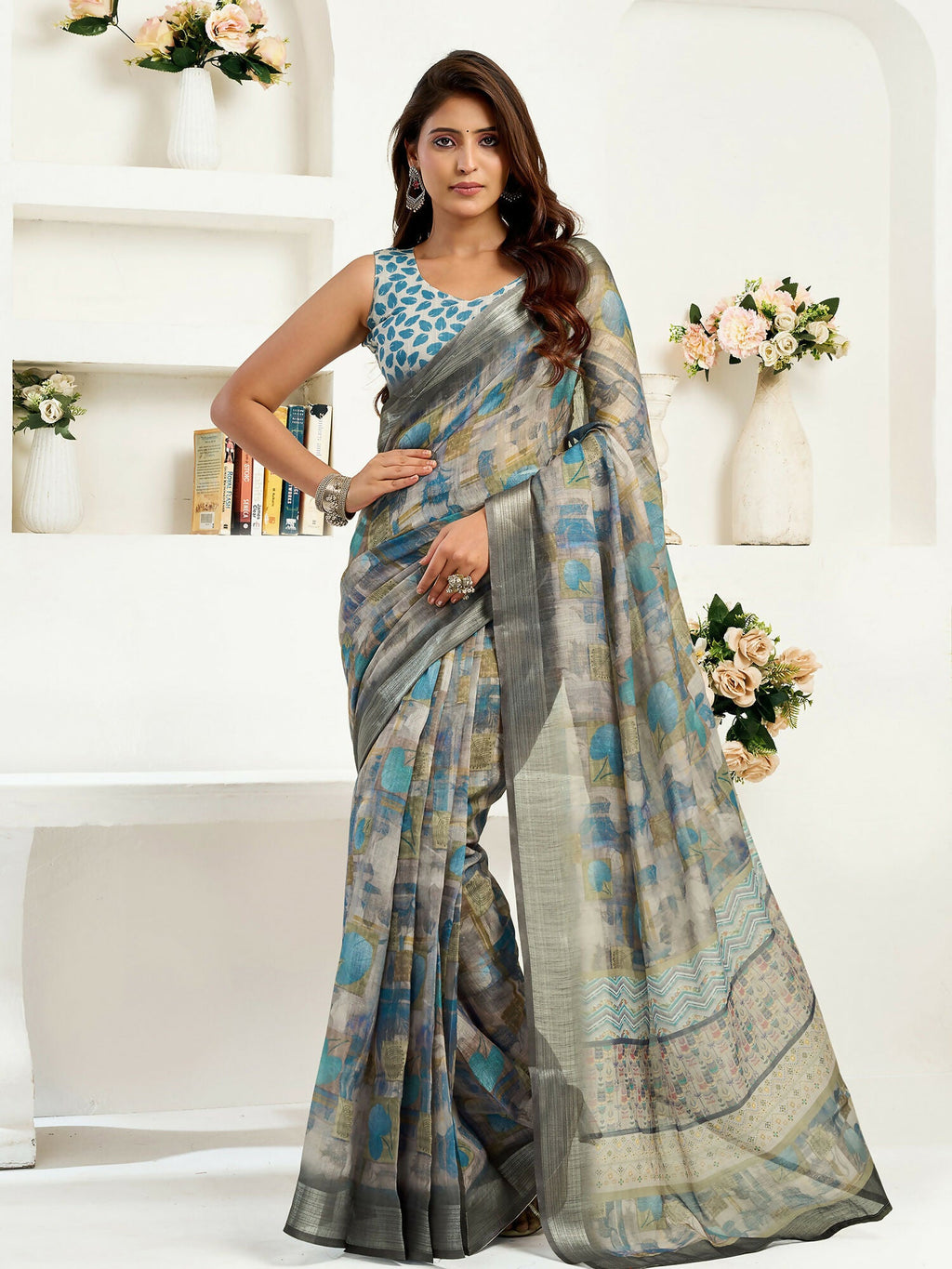 Joban Fashion  Dusty Brown Floral & Ethnic Motifs Linen Ready To Wear Saree With Unstitched Blouse | Grocsy