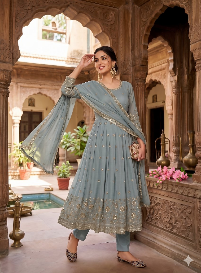 Teeya Creation Elegant Grey Embroidered Anarkali Kurta Set With Mirror Work Dupatta | Grocsy
