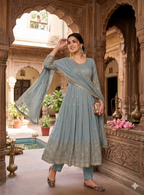 Teeya Creation Elegant Grey Embroidered Anarkali Kurta Set With Mirror Work Dupatta | Grocsy