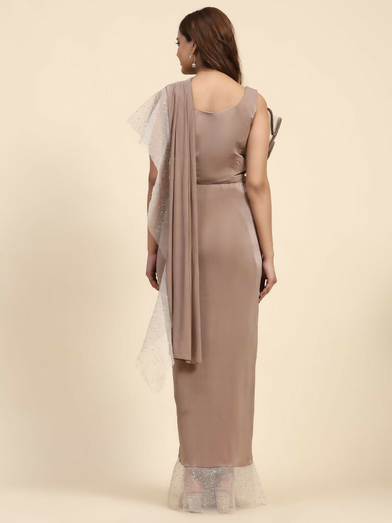 Light Brown Lycra Solid Ready to Wear Saree with stitched Blouse - Nita | Grocsy