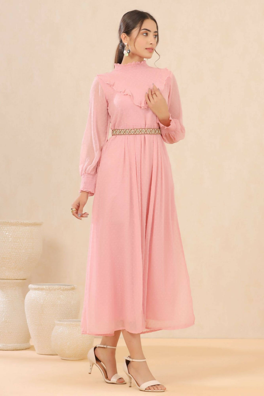 Juniper Women Pink Chiffon Woven Design Flared Dress | Grocsy
