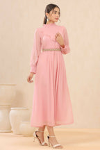 Juniper Women Pink Chiffon Woven Design Flared Dress | Grocsy