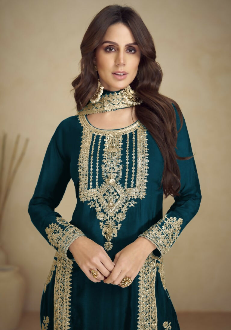 Vastranavya Gorgeous Teal Faux Georgette with Embroidery 3mm Sequence & Coding Work Pakistani Straight Pant Suit | Grocsy