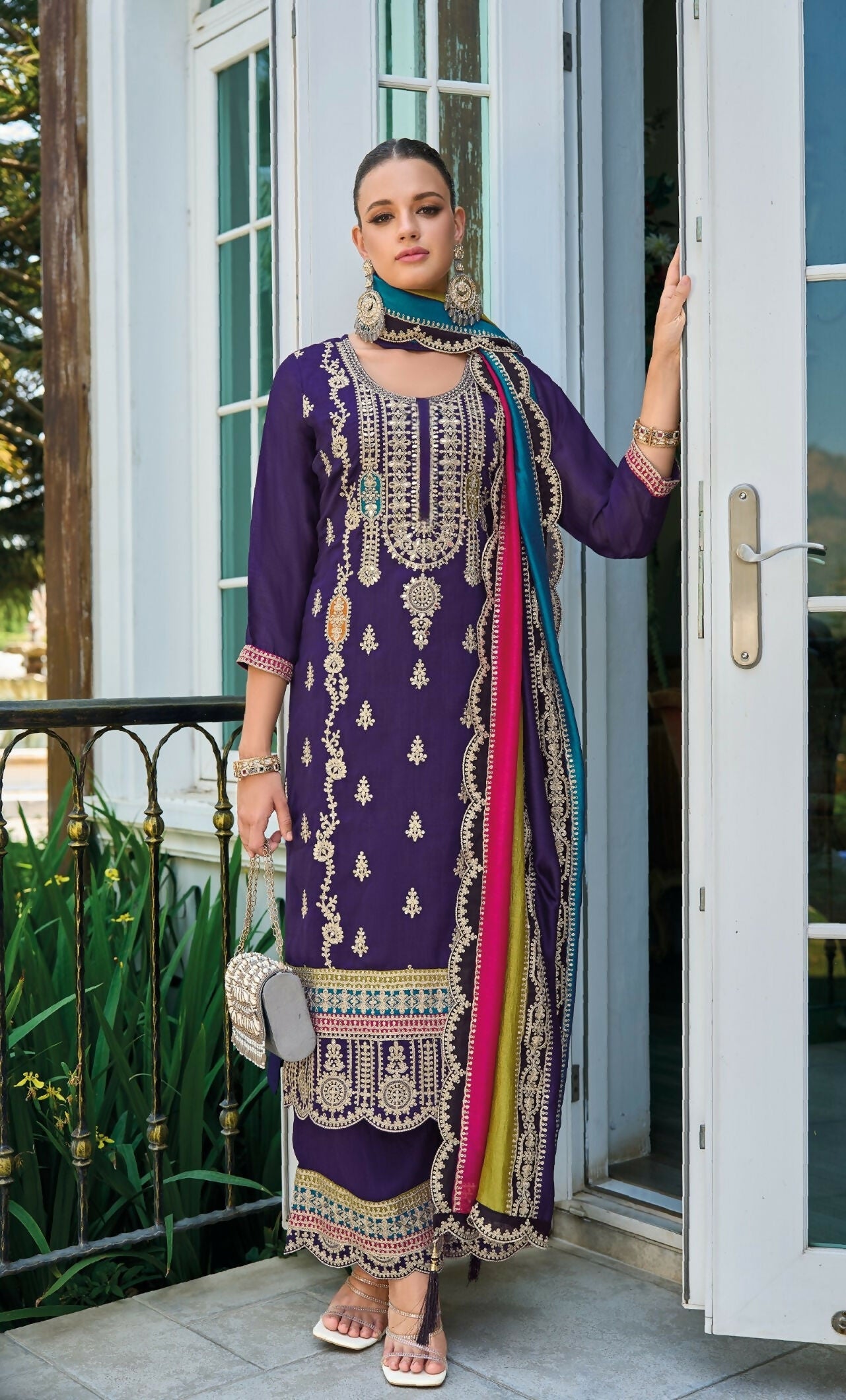 Anaita Purple Premium Embroidered Chinon Stitched Salwar Suit | Grocsy