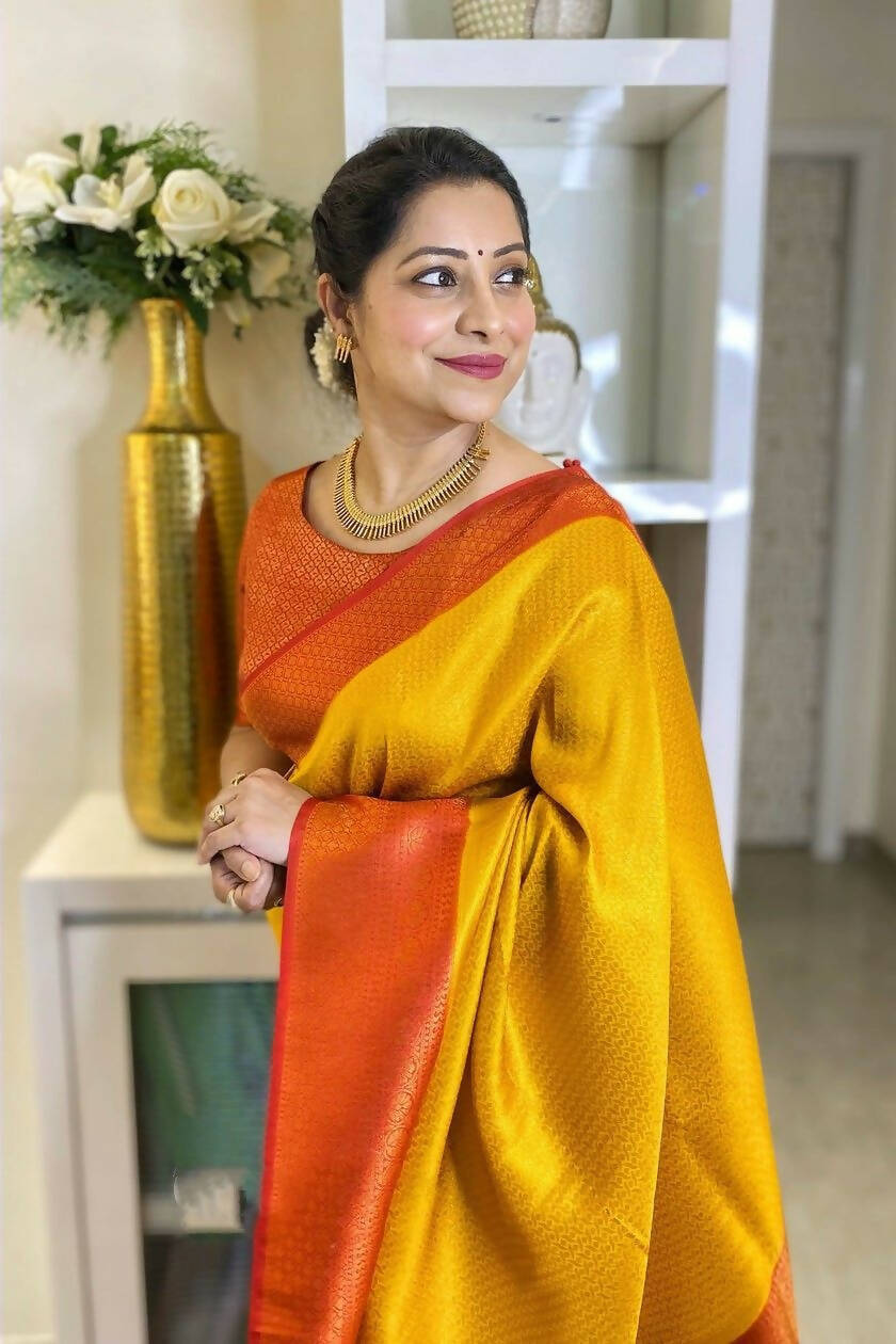 DEIANA'S Beautiful Designer Golden zari Soft Lichi Silk Saree - Yellow | Grocsy