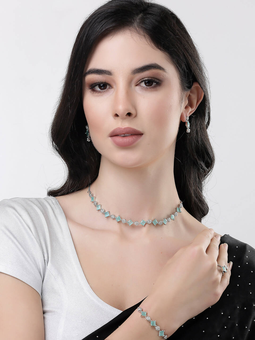 NVR Women Silver Plated & Blue Cz Stone Handcrafted Jewellery Set | Grocsy