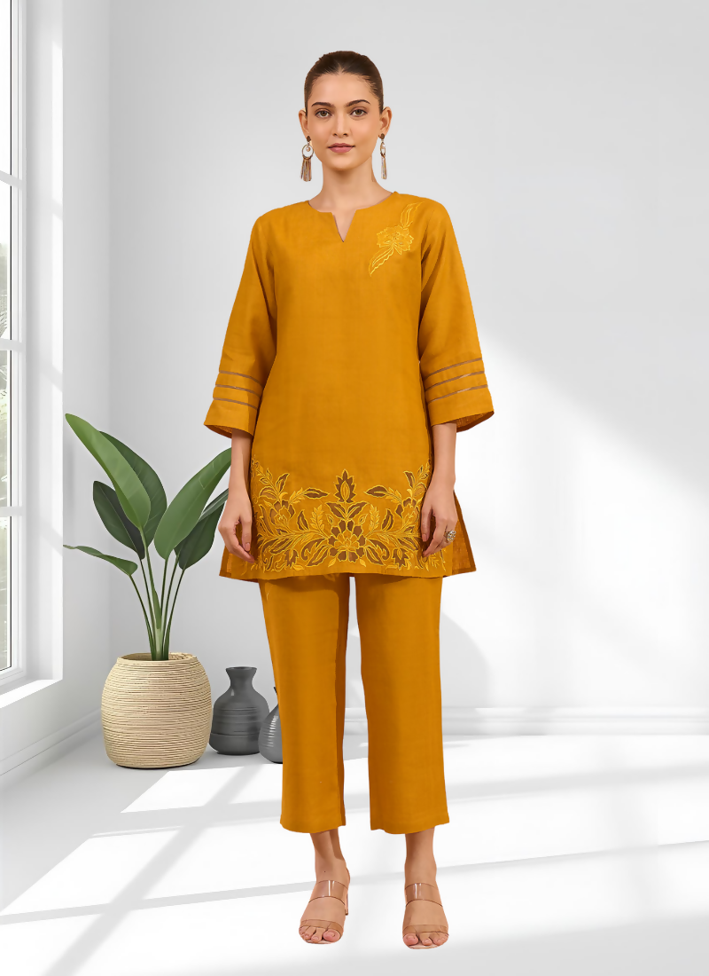 Joban Fashion Yellow Cotton, Linen Embroidered Readymade Cord Set | Grocsy
