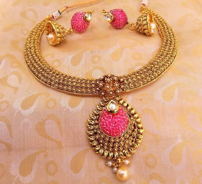 Multicolor Antique Pink Necklace With Earrings | Grocsy