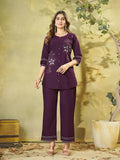Teeya Creation Wine Embroidered Cotton Co-ord Set for Women | Grocsy