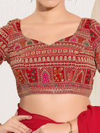 Joban Fashion Red Brocade Padded Blouse With Sweetheart Neck Elbow Sleeves | Grocsy