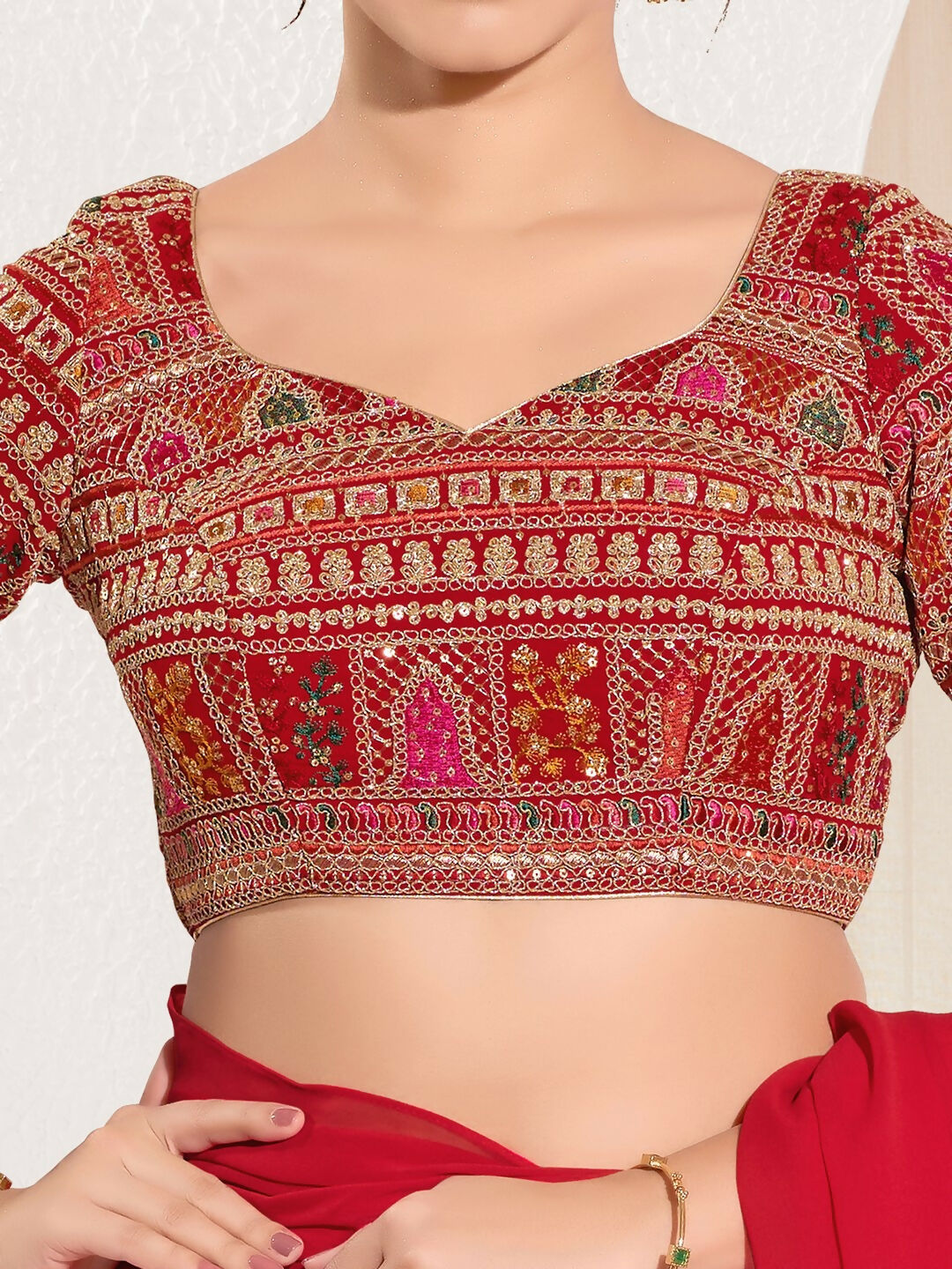 Joban Fashion Red Brocade Padded Blouse With Sweetheart Neck Elbow Sleeves | Grocsy