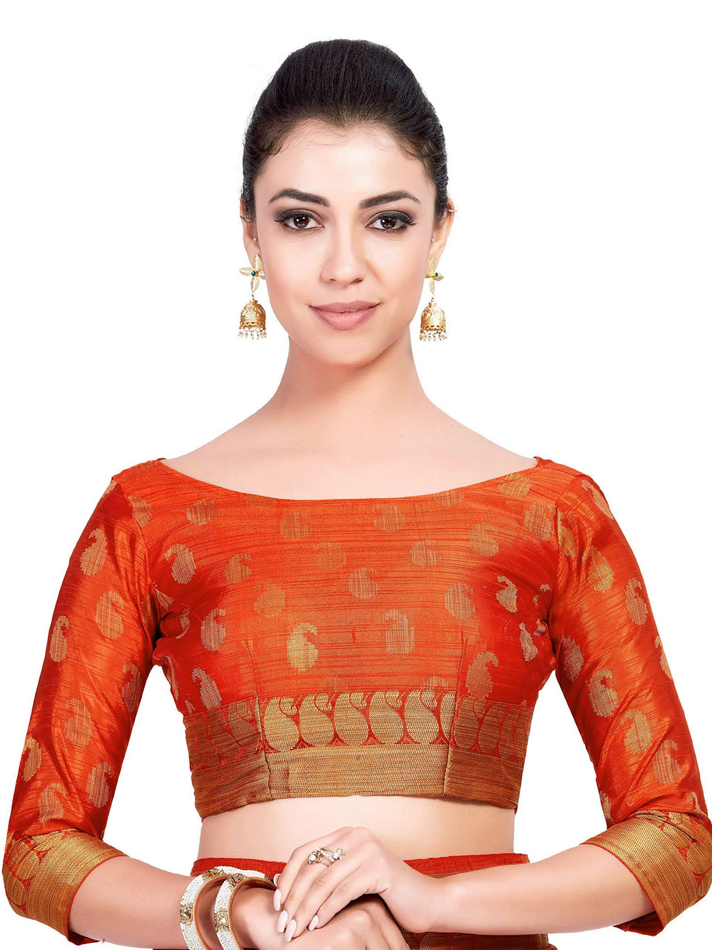 Mimosa Women's Kanchipuram Art Silk Orange Saree | Grocsy