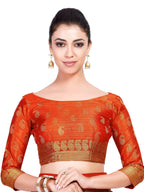 Mimosa Women's Kanchipuram Art Silk Orange Saree | Grocsy