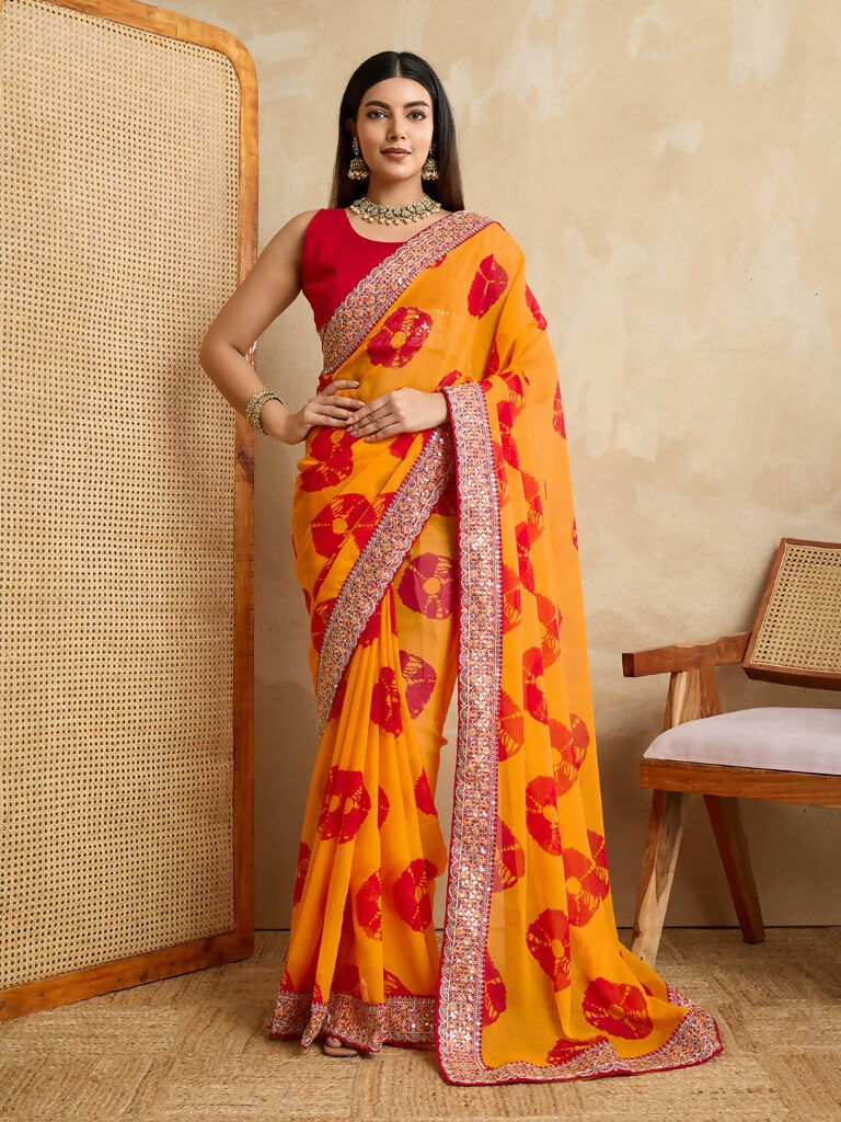 Yellow Georgette Printed Designer, Embroidery Work Lace Border Saree - Aarvi | Grocsy