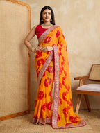Yellow Georgette Printed Designer, Embroidery Work Lace Border Saree - Aarvi | Grocsy