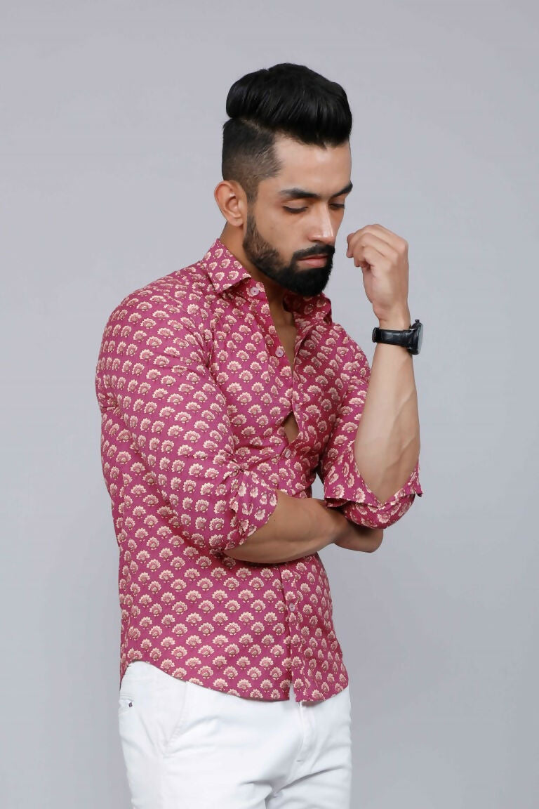 Miravan Men's Pink Regular Fit Floral Printed Cotton Casual Shirt | Grocsy