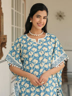 Aramya Kaftan Soft Cotton Floral Print Women's Kurta - Blue | Grocsy